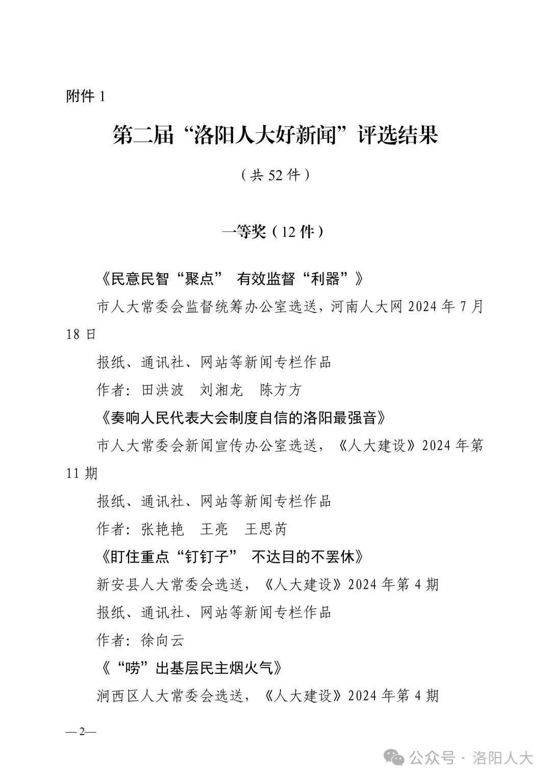 关于第二届“洛阳人大好新闻”评选结果的公示